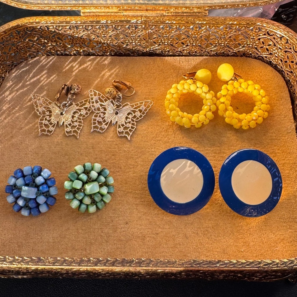 Vintage Clip‎ On Earrings Lot Retro Beaded Butterfly Statement Set of 4 Pairs